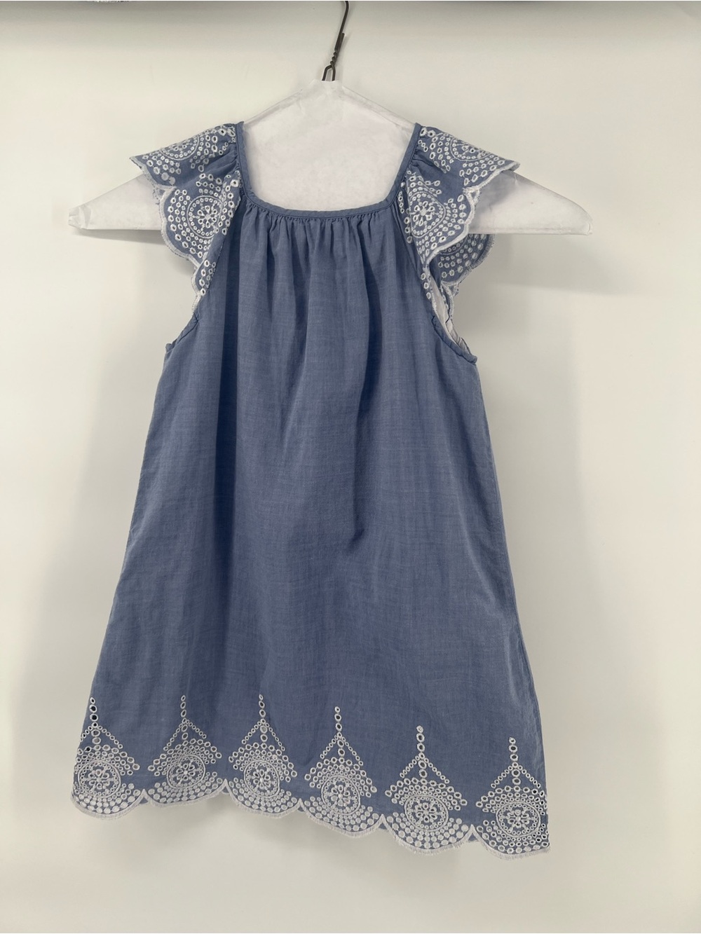 Lightweight denim blue dress, 4T, cut outs, embroidery cap sleeves